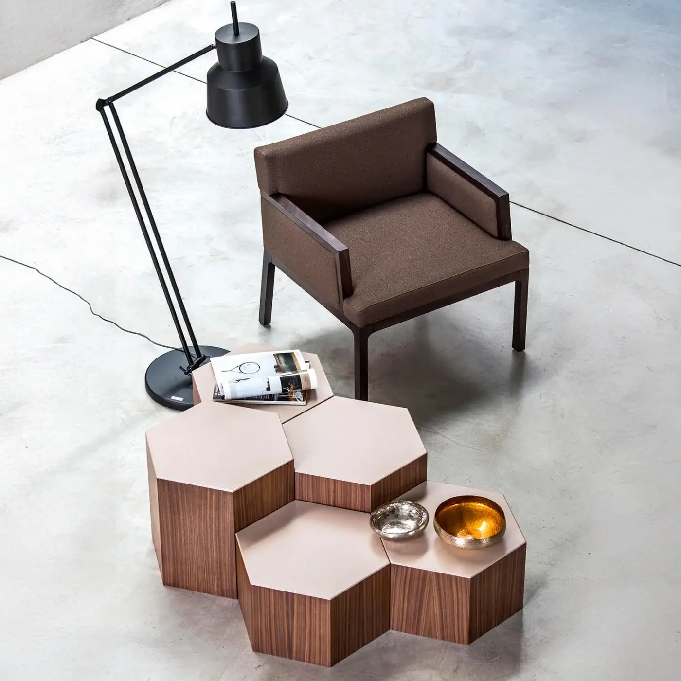 Distinguished Bross Flux lounge chair in rich brown premium fabric with a high-end wood frame and matte finish