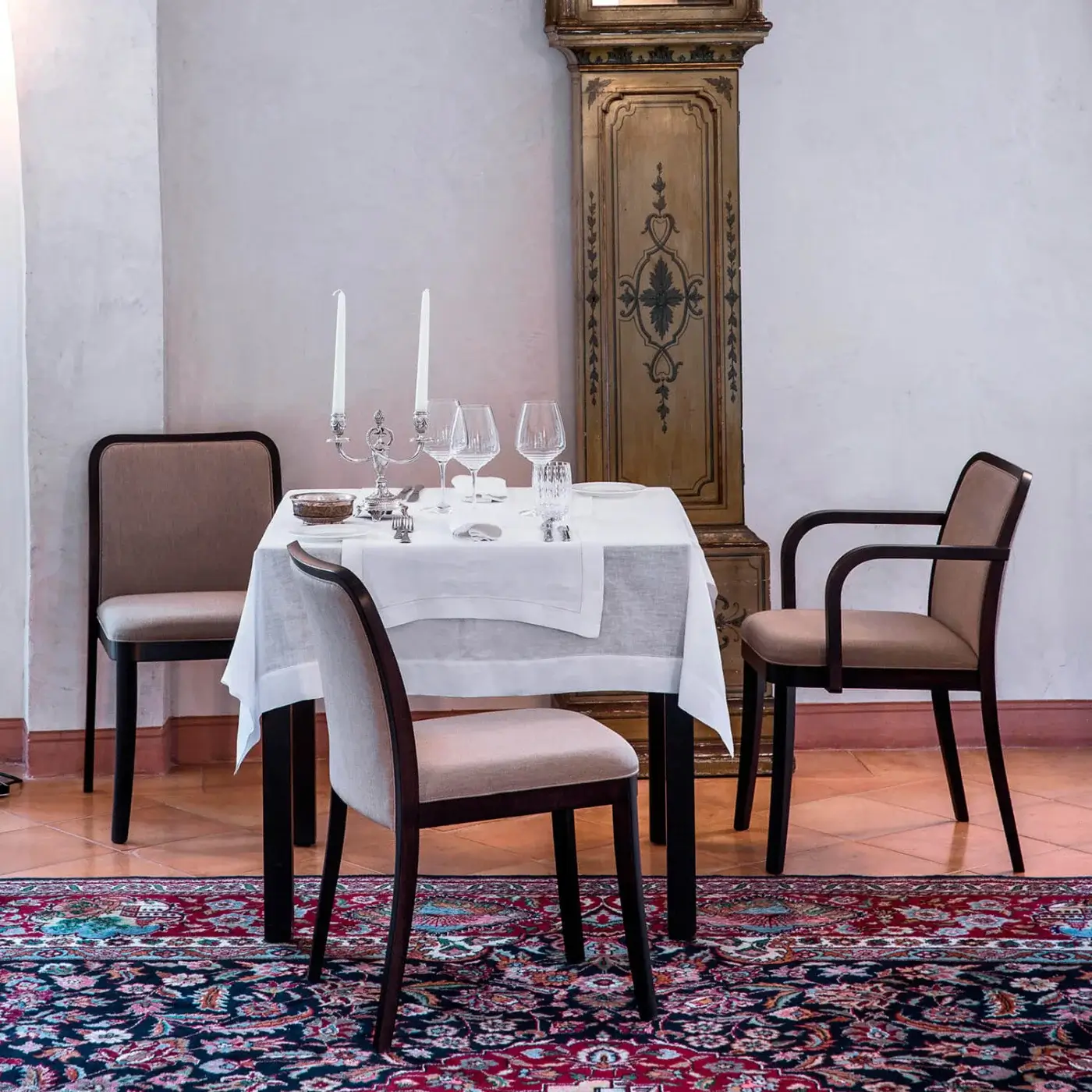 Superior Bross Palace armchair with beige fabric upholstery and dark brown wood structure crafted in Italy