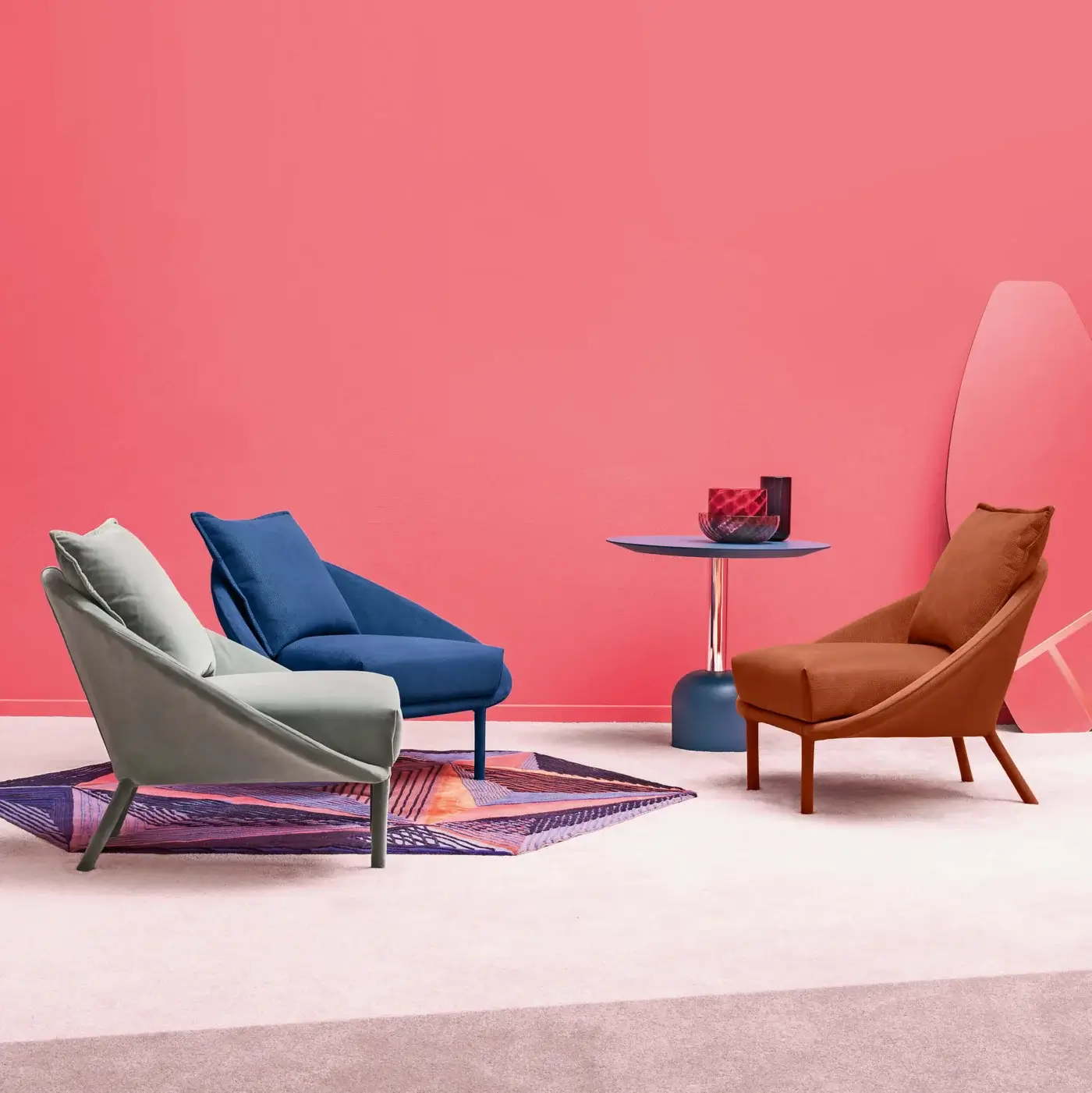 Elegant Miniforms Lem lounge chair with light gray fabric upholstery and slender wood legs built with a matte finish