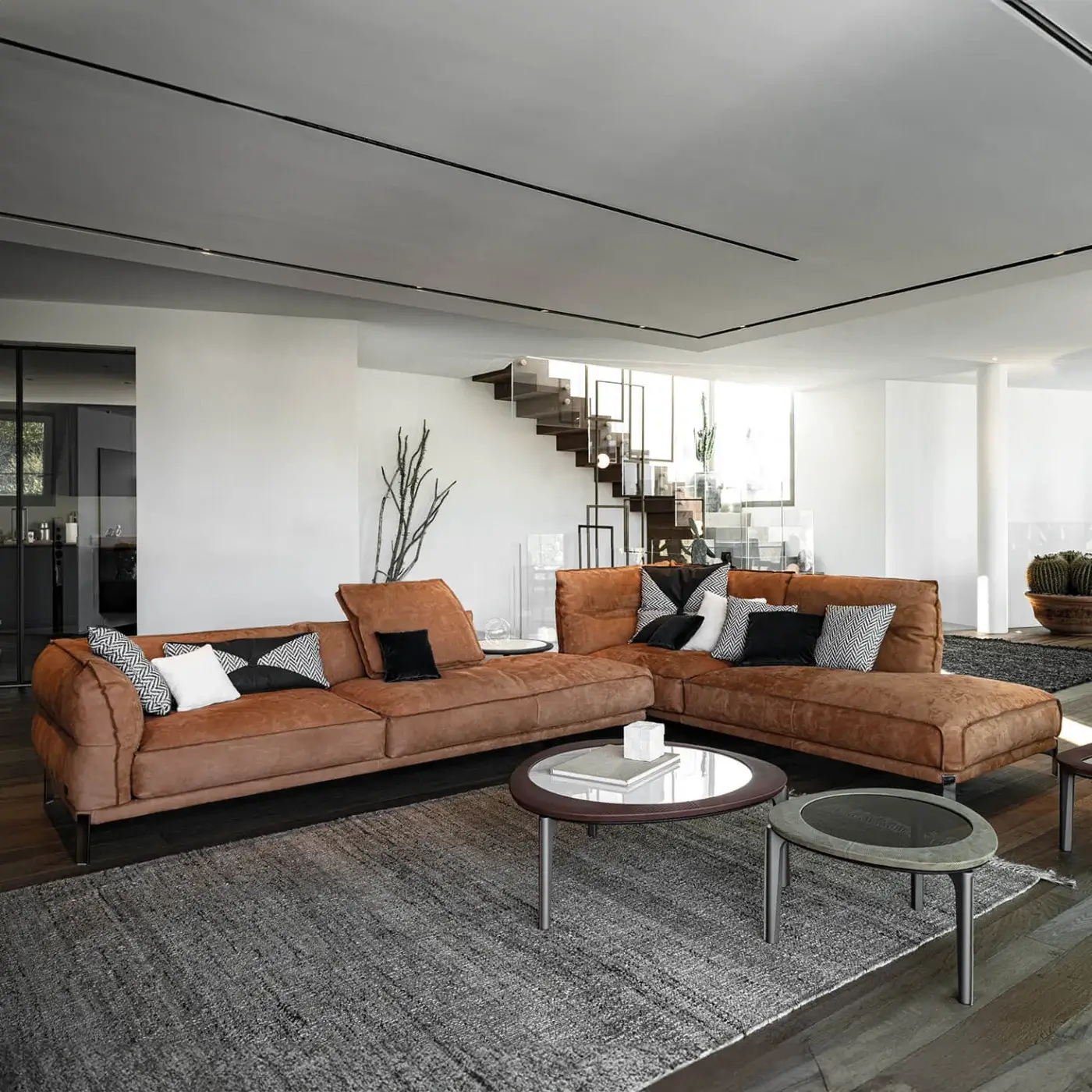Distinguished Cierre1972 Up-Down sectional in brown textile with matte finish and raw-cut edges exhibiting elegant design details