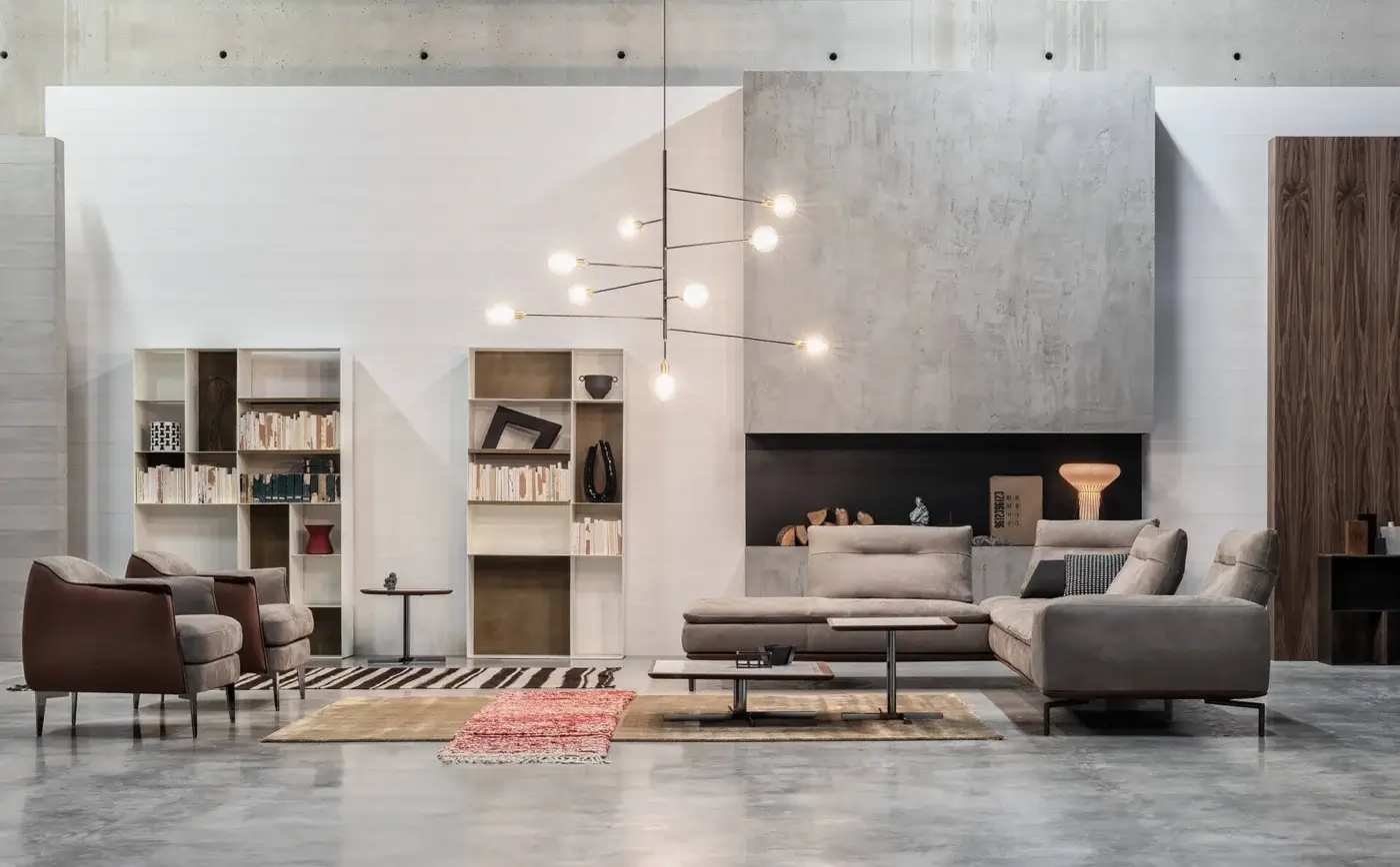 Elegant Cierre1972 Carlton sectional with muted gray-brown textile upholstery and geometric forms