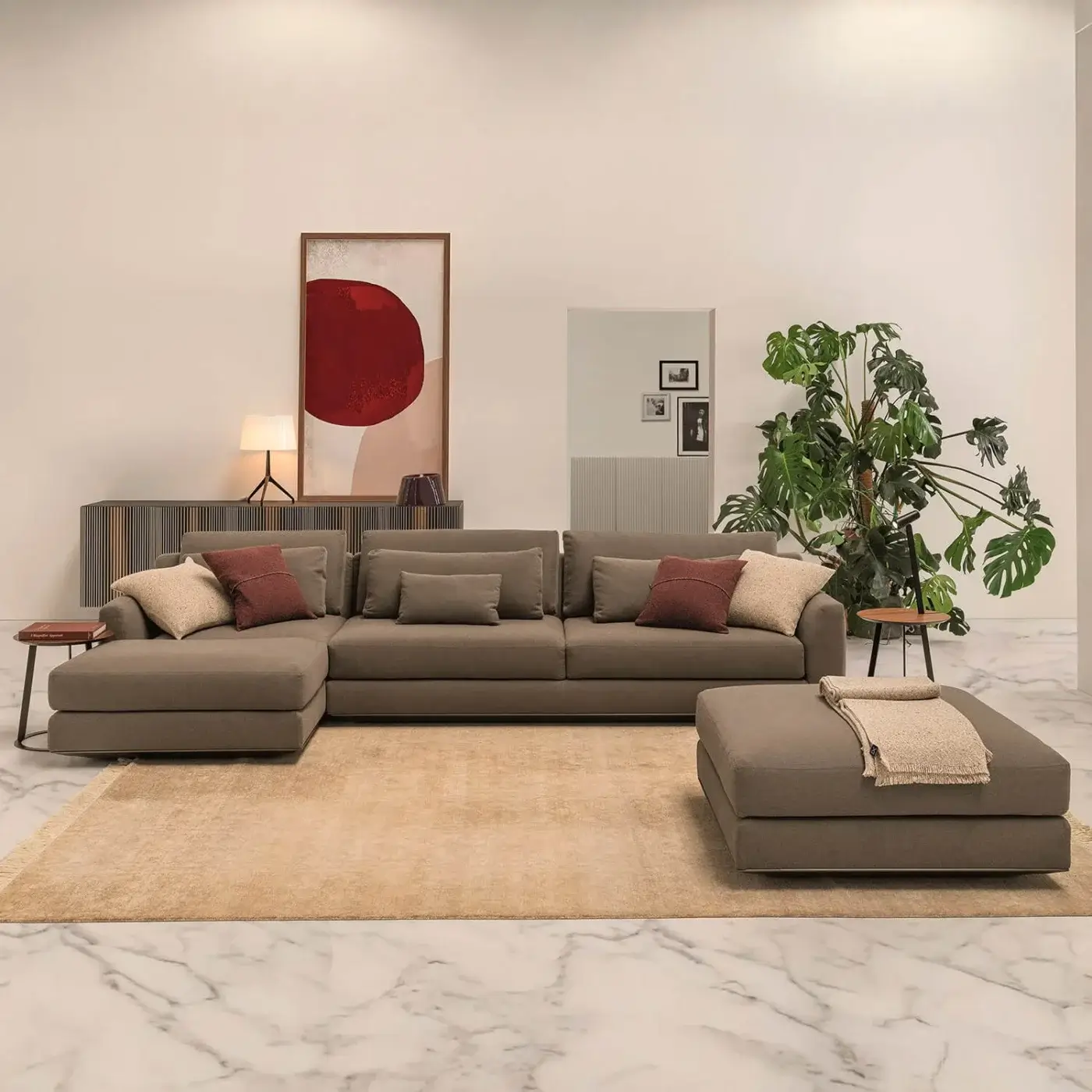 Distinguished Horm Ellington sectional with light aluminum frame showcasing tailoring crafted in muted taupe-brown textile and matte finish