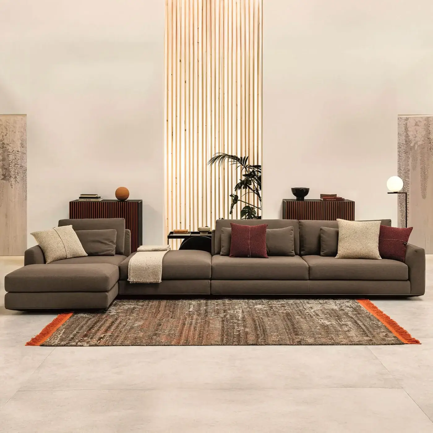 Distinguished Horm Ellington sectional with muted brown textile and ecological aluminum frame crafted in Italy