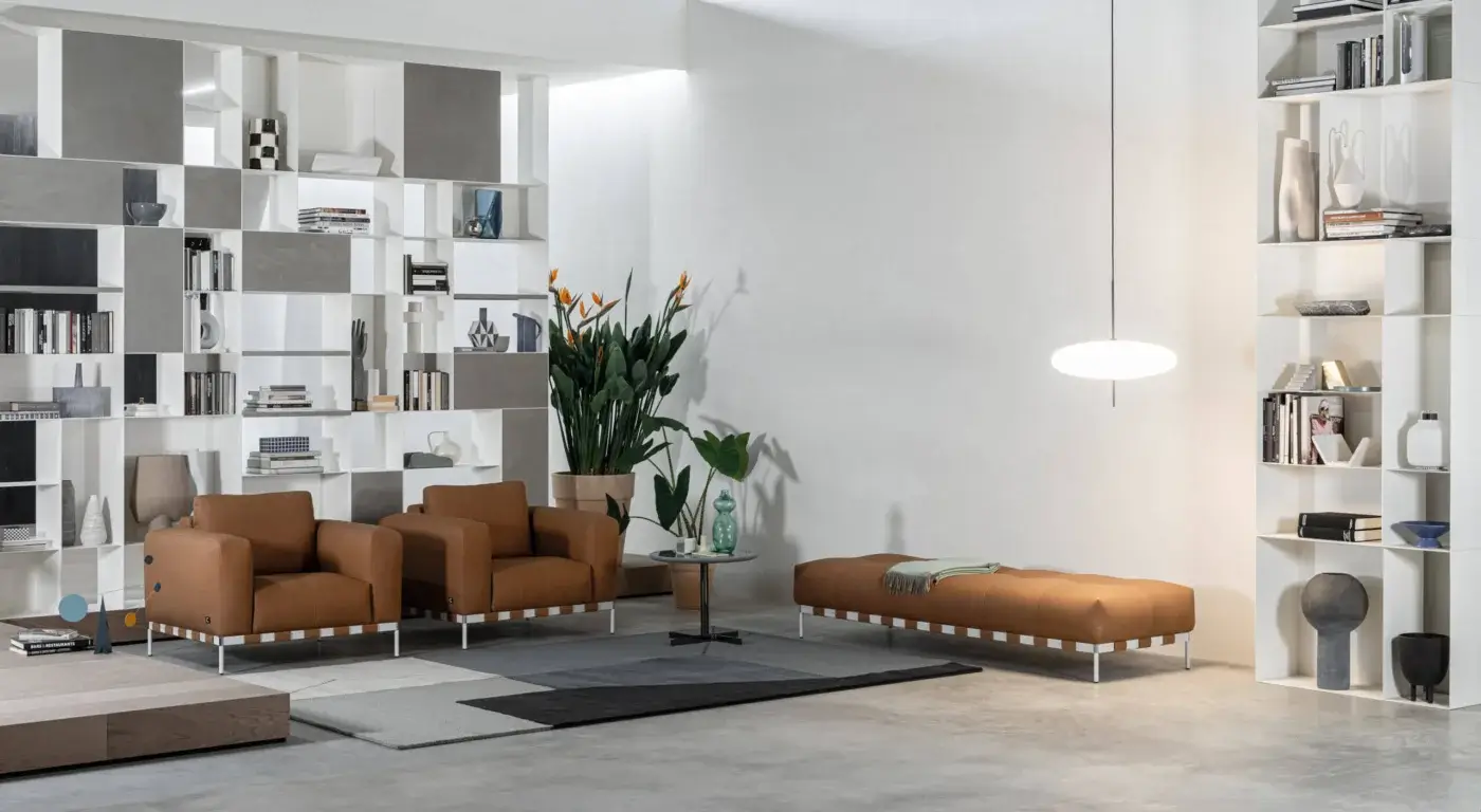 Exceptional Cierre1972 Oscar lounge chair in medium brown textile with distinctive leather bands at the base