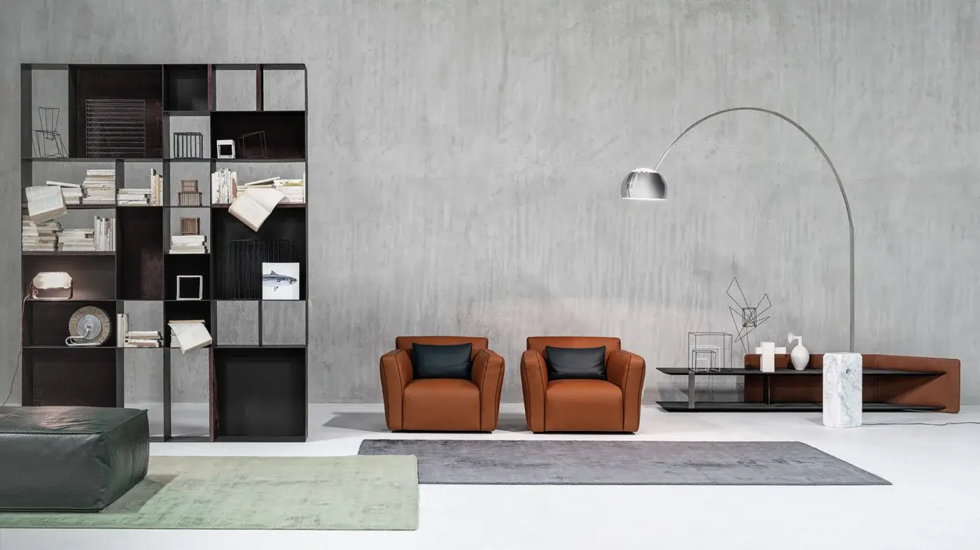 Distinguished Cierre1972 Suite console crafted with dark metal and brown leather presents a refined composition with open shelving