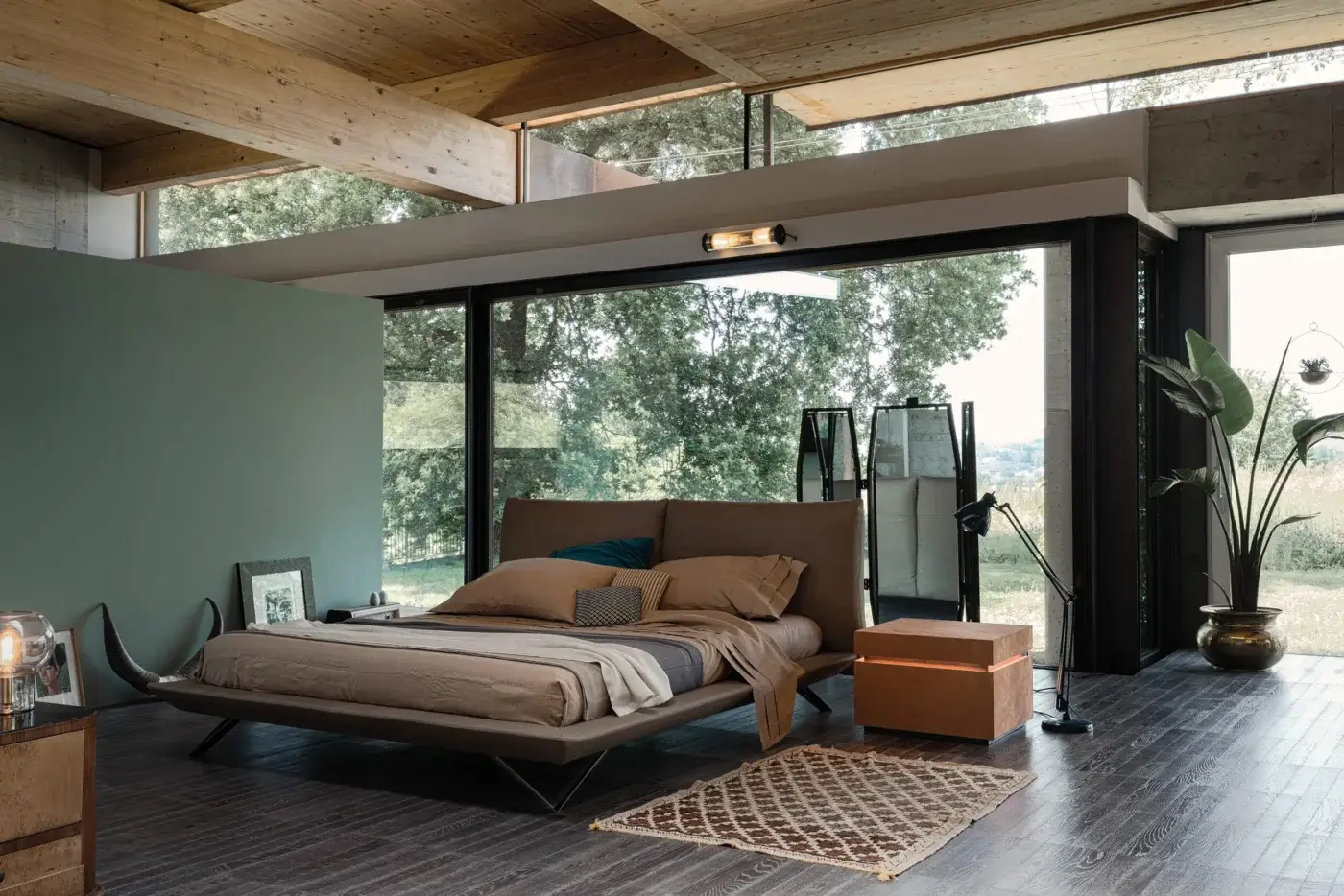 Distinguished Cierre1972 Eden bed crafted in Italy with warm brown textile upholstery and a low-profile frame