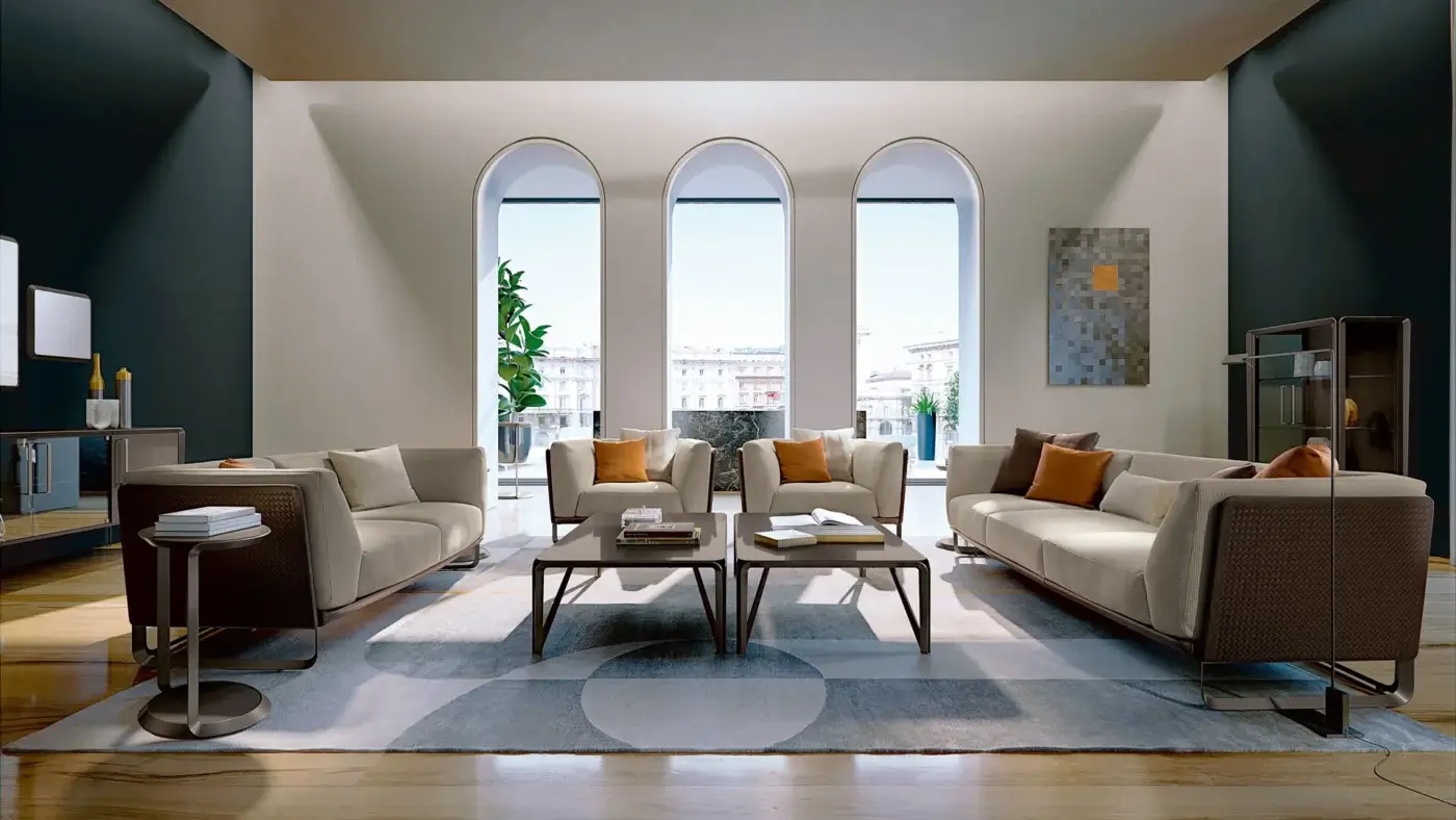 Elegant Turri Milano coffee table with a curved metal structure and glossy lacquered wood top in dark brown
