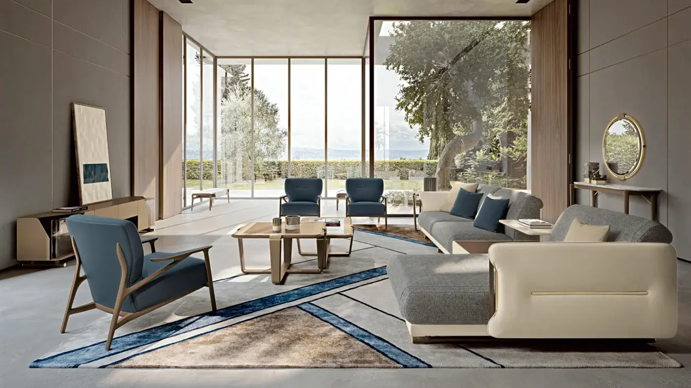 Distinguished Turri Vine lounge chair with solid blue textile upholstery and light-toned natural wood frame crafted in Italy