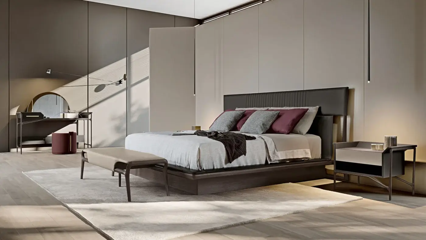 Superior Turri Vine ottoman in light beige textile with dark-toned wooden legs and open base