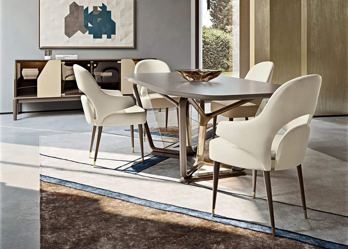 Superior Turri Vine armchair exhibits significant arched opening with creamy white plush upholstery and brushed gold natural wood legs
