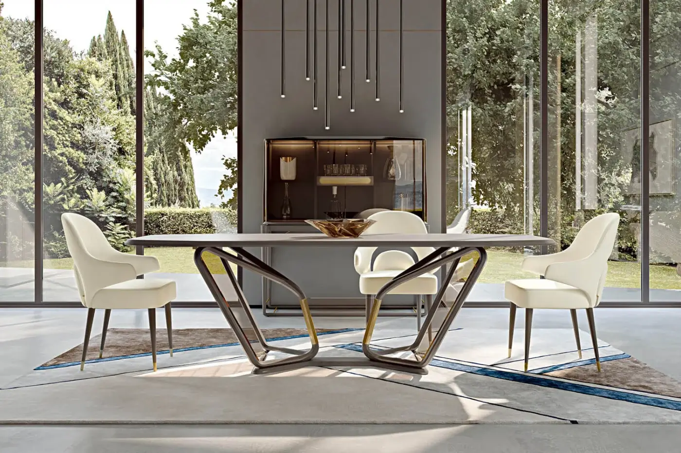Lavish Turri Vine armchair boasts arched opening with covered structure and natural wood legs crafted in brushed gold metal