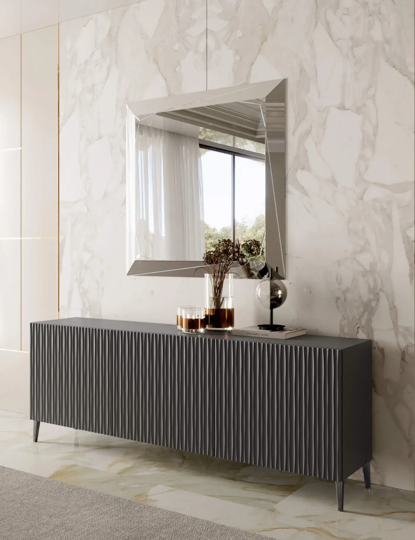 Distinctive Bontempi Musa sideboard with vertically ribbed cabinet sections and dark gray matte finish