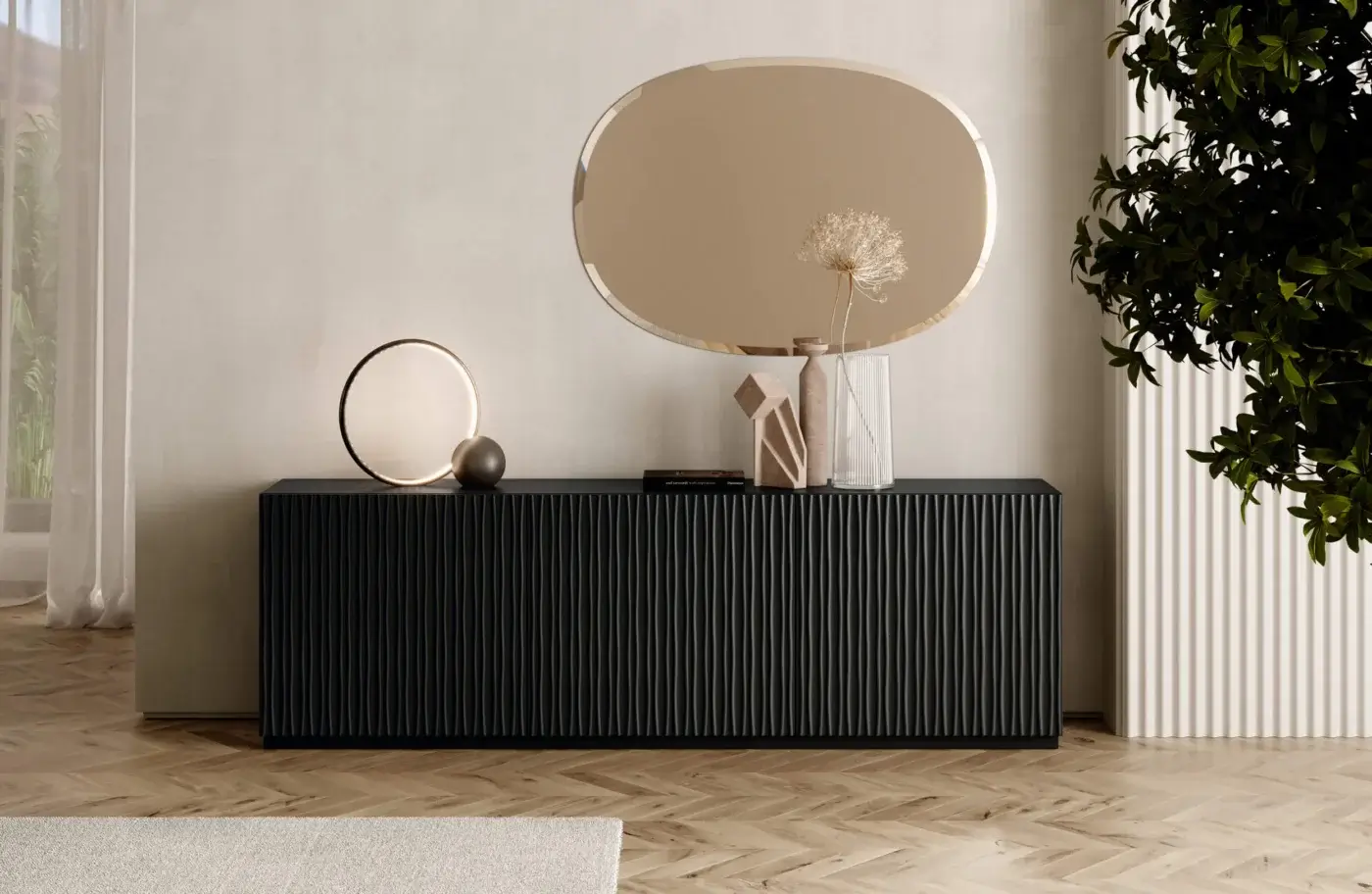 Distinguished Bontempi Musa sideboard with a linear facade and dark matte wood finish, awarded the German Design Award in 2025