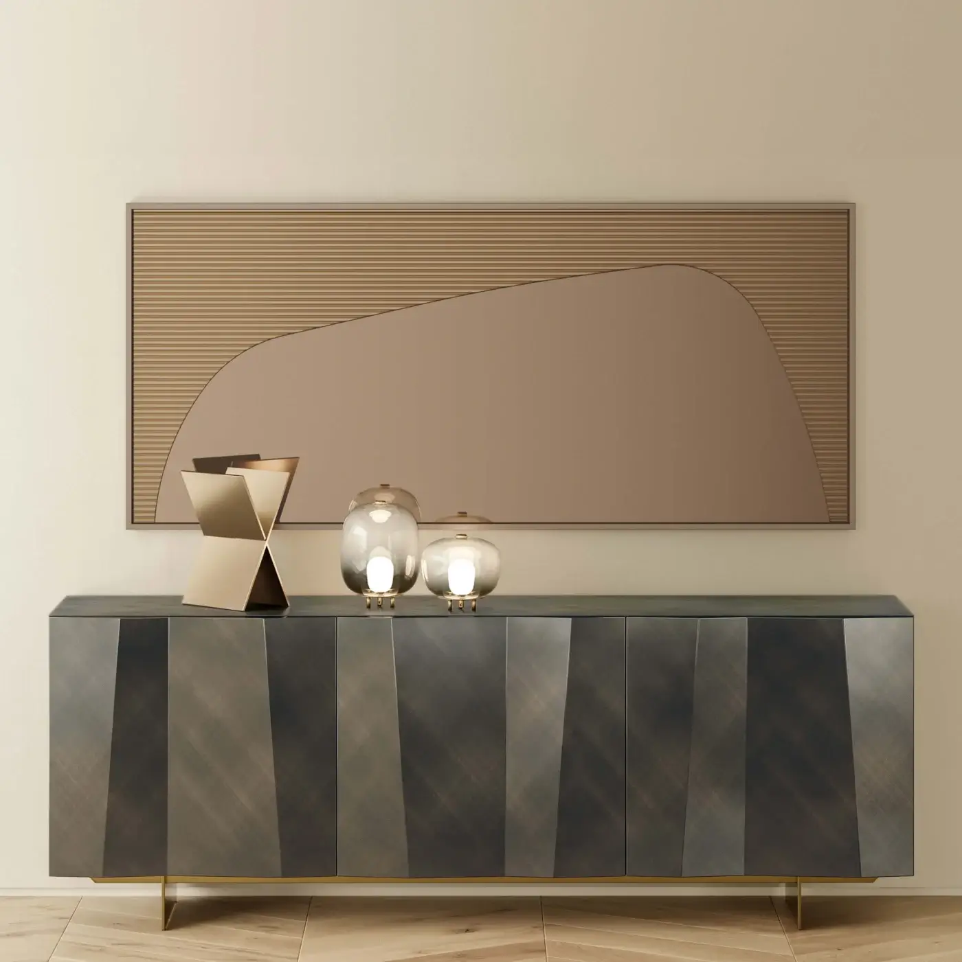 Captivating Bontempi Kunta sideboard crafted in lacquered wood with faceted doors and a glossy golden metal base