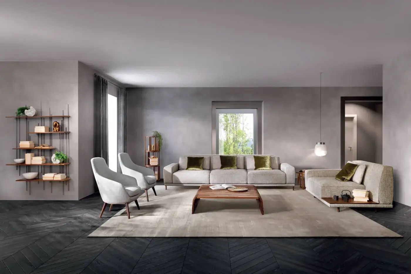 Elegant Pacini & Cappellini Spring lounge chair with a solid ash wood base and light gray fabric shell with matte finish