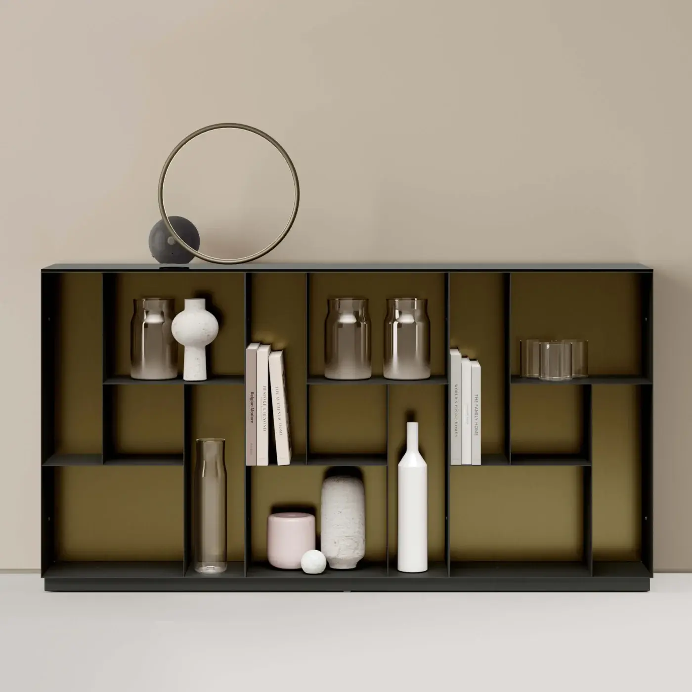 Superior Bontempi Atena bookcase with dark metal, matte finish and light brown interior backing crafted in Italy