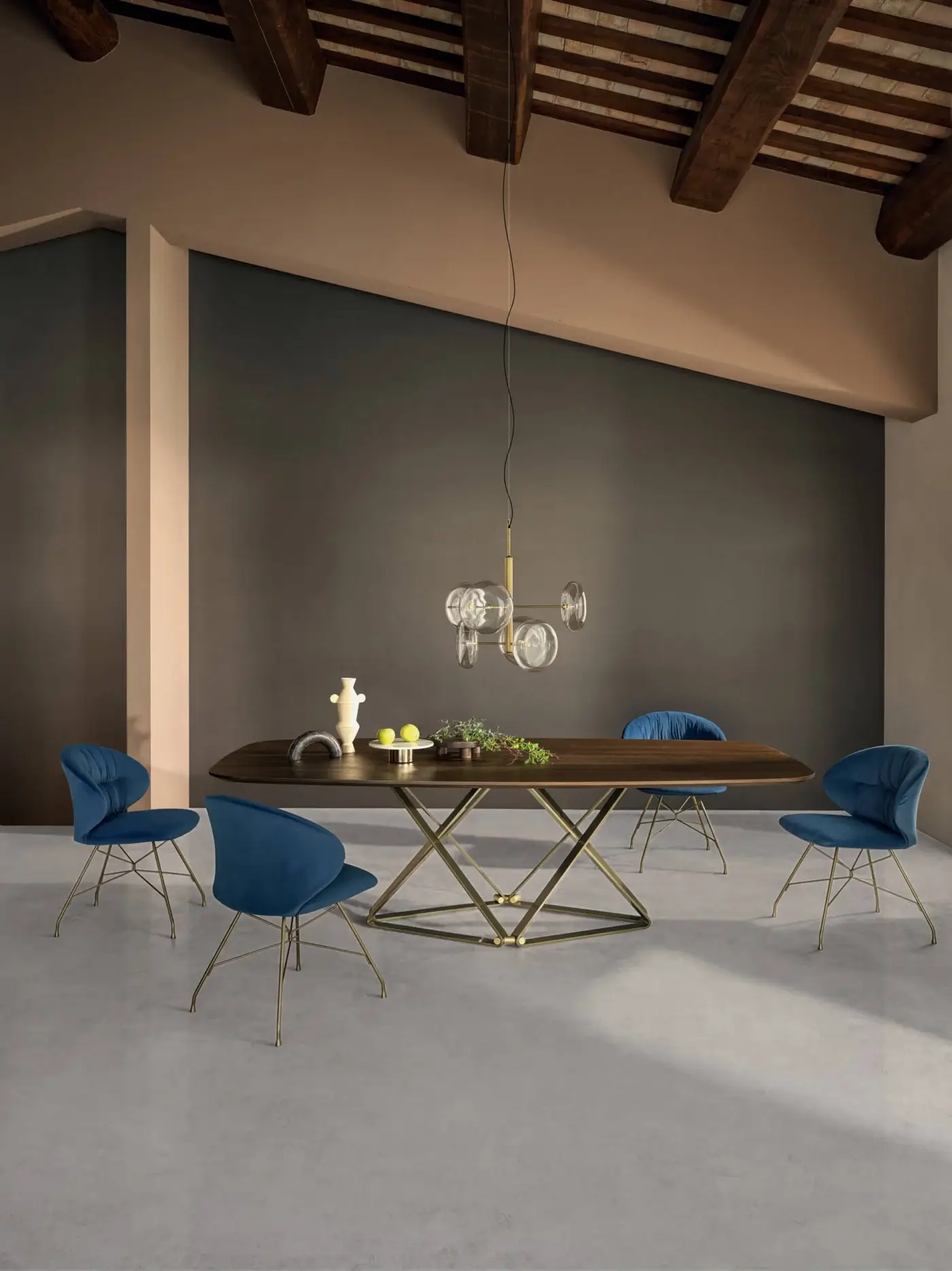 Elegant Bontempi Delta Barrel table crafted in dark brown wood with a matte geometric metal base