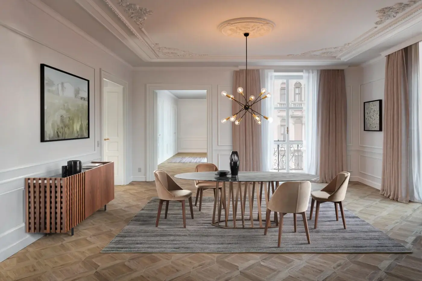 Elegant Pacini & Cappellini Amy chair in smooth beige fabric with solid ash wood legs and curved silhouette