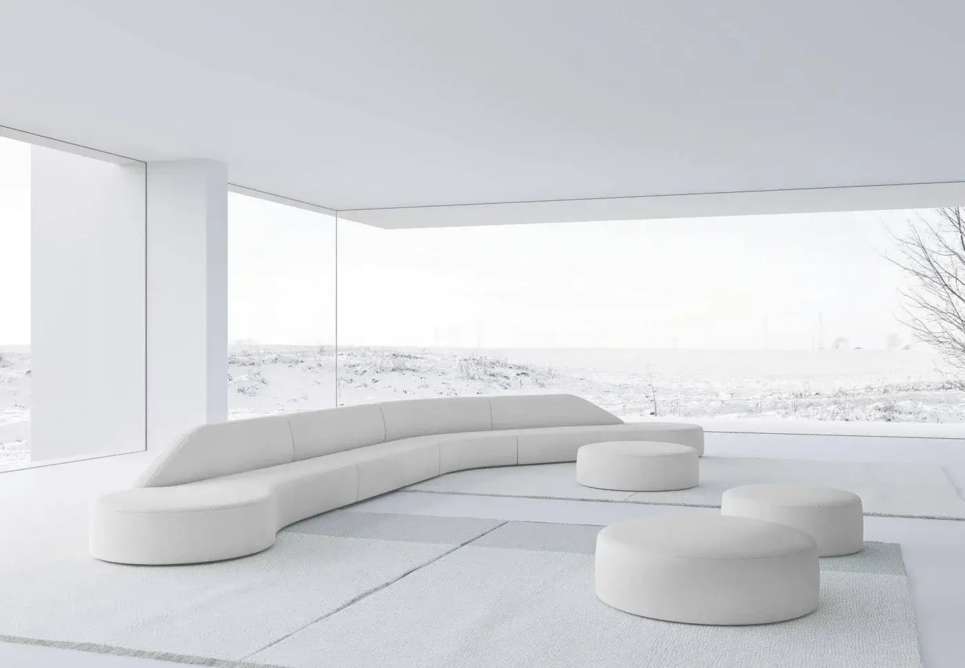 Superior LaCividina Guest ottoman with soft shapes upholstered in matte off-white textile showcasing essential lines