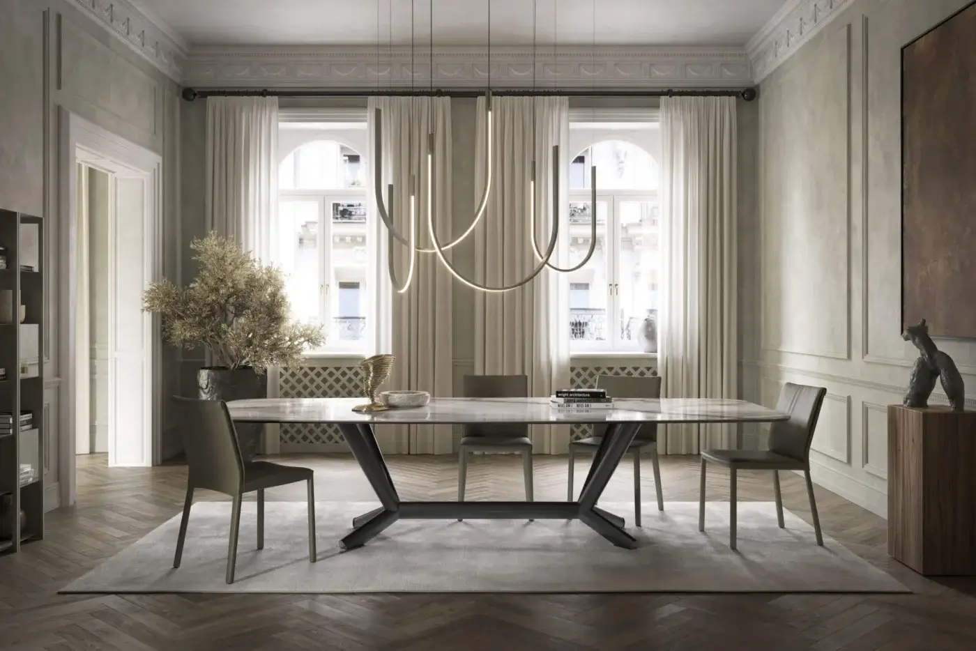Exceptional Cattelan Italia Planer table with light gray ceramic top and dark matte metal geometric base