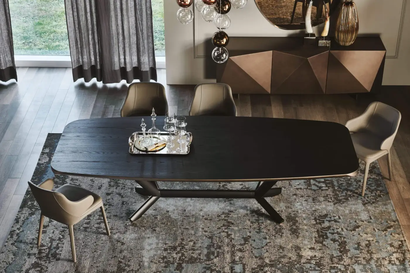 Sophisticated Cattelan Italia Planer Wood table with dark wood barrel top and angled metal trestle base in matte finish