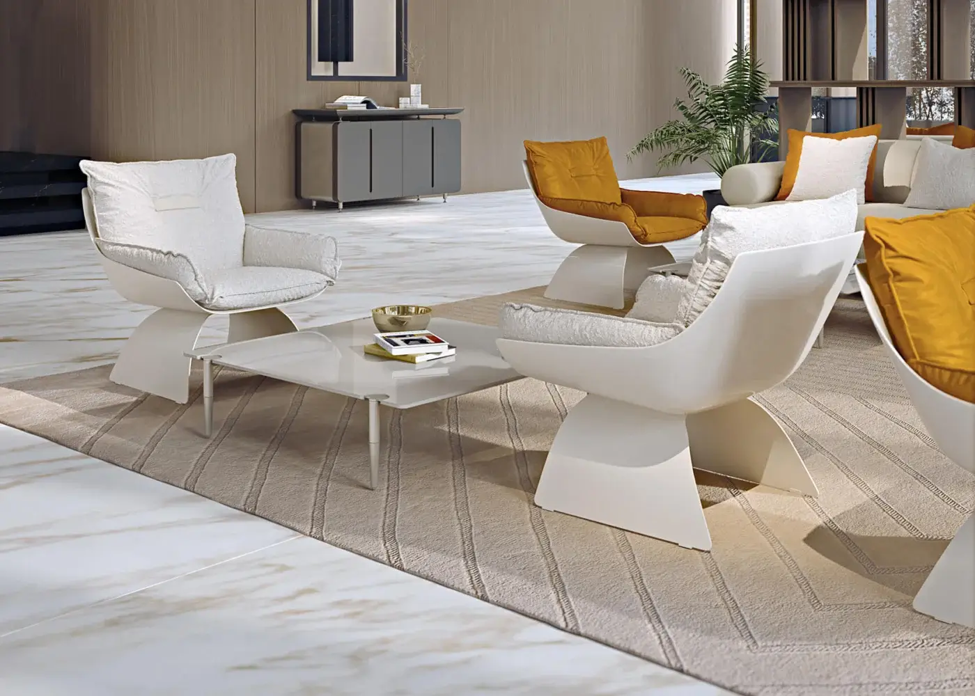 Elegant Turri Silhouette lounge chair with enveloping white cushions upholstered in textured textile and glossy sculptural frame
