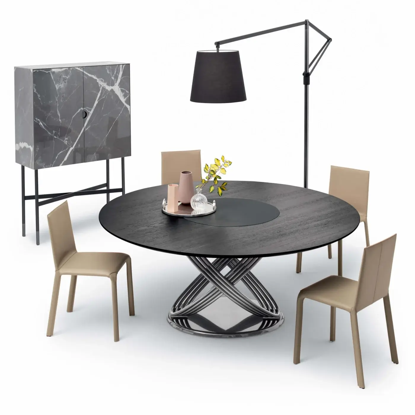 Superior Bontempi Fusion round table with dark gray textured tabletop and polished metal curvilinear base crafted in Italy