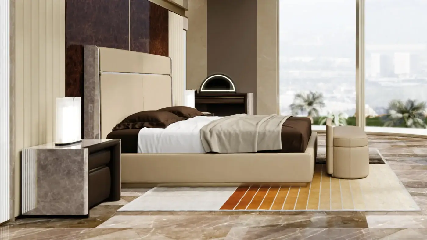 Exceptional Turri Madison bench in light beige textile with a refined gold button detail