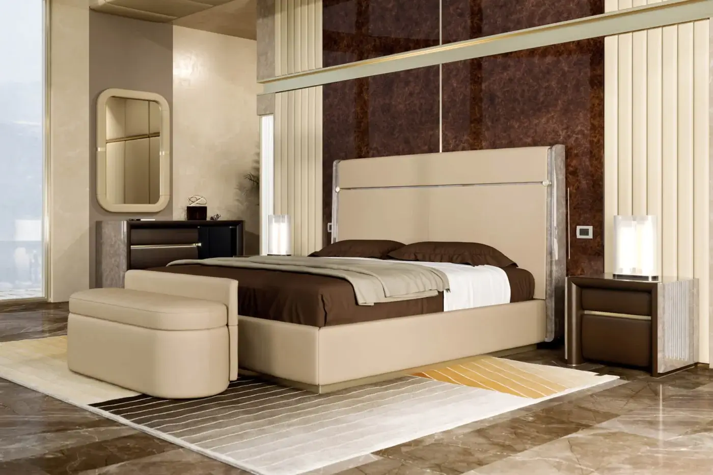 Distinguished Turri Madison bench fully covered in light beige leather with a refined gold button adorning the back