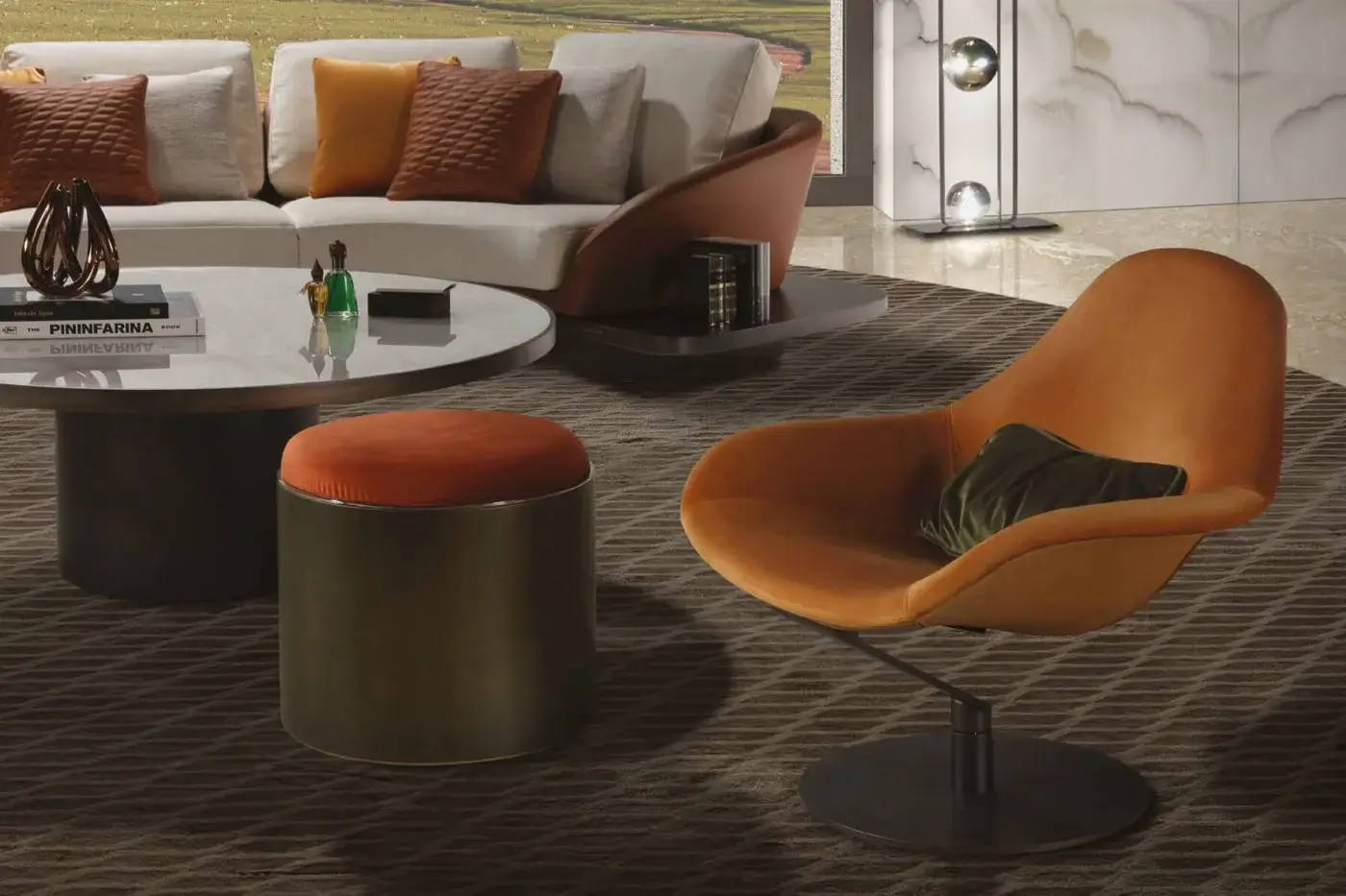 Exceptional Reflex Zenith lounge chair with warm orange textile upholstery, a swiveling glazed stainless steel base and dark green pillow
