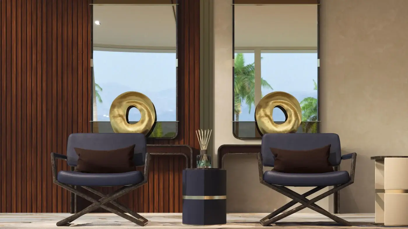 Distinctive Turri Madison director lounge chair with dark blue-gray textile and sleek dark wood frame built in Italy