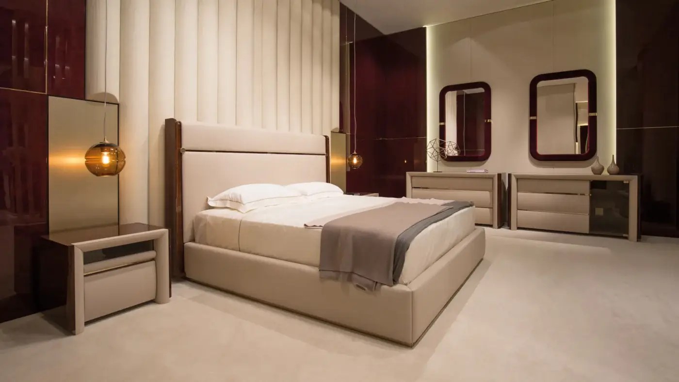 Lavish Turri Madison bed with glossy lacquered wood, soft leather inserts and light beige textile upholstery