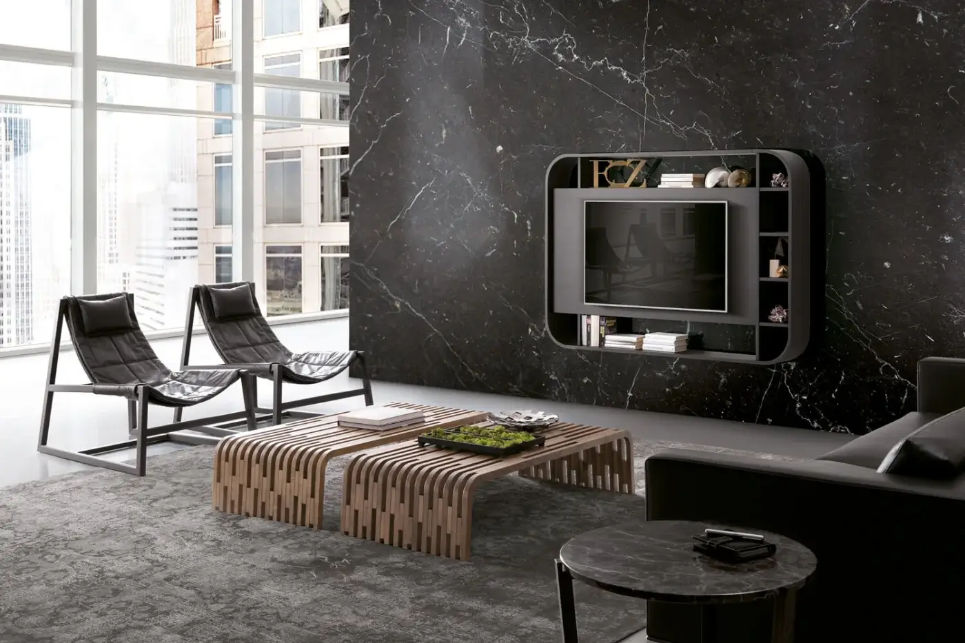 Elegant Pacini & Cappellini Vision TV stand with Canaletto walnut veneer and dark gray finish showcasing curved lines and open storage