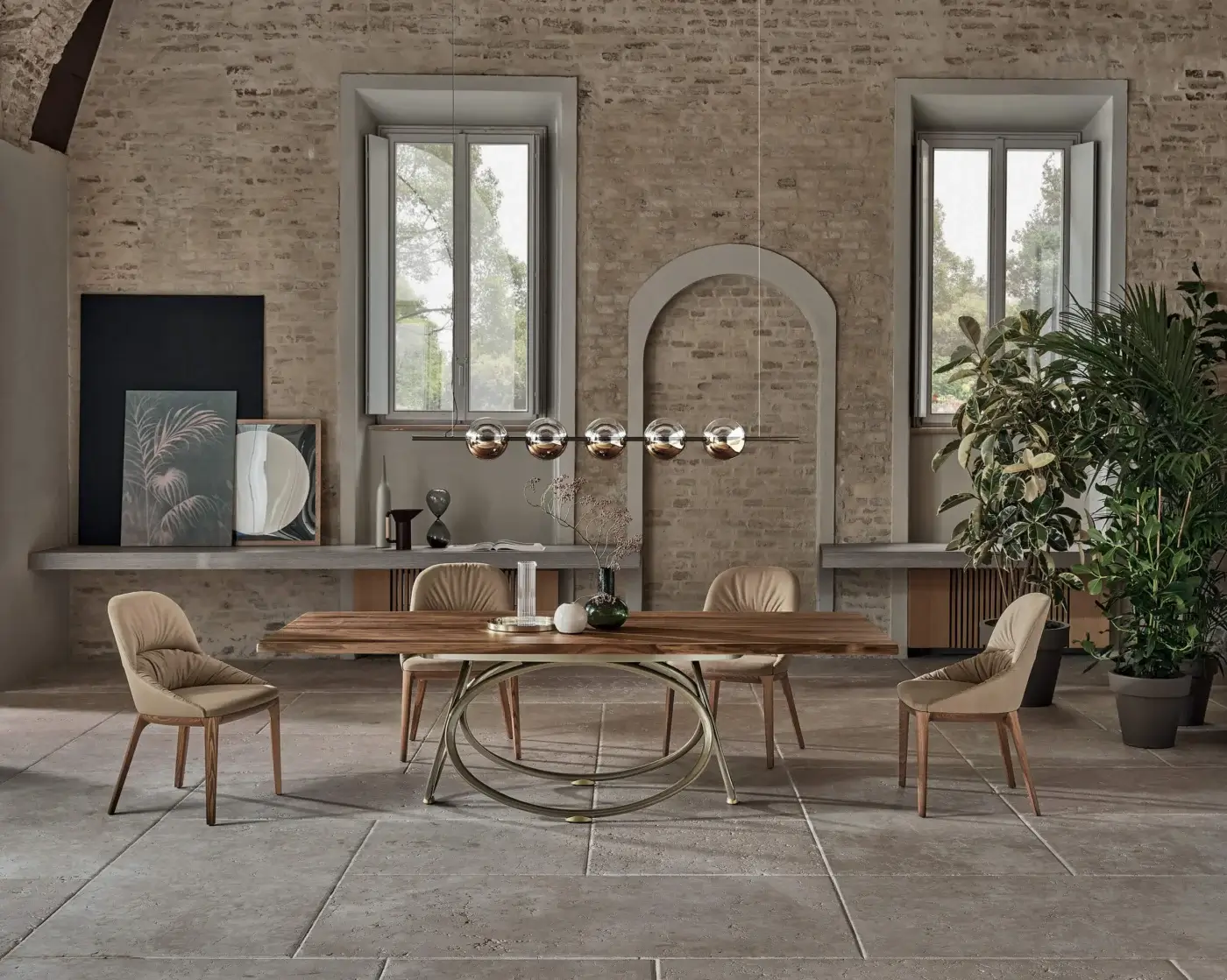 Distinguished Bontempi Louis rectangular table with warm brown natural-grain wood and golden finished intersecting metal rings