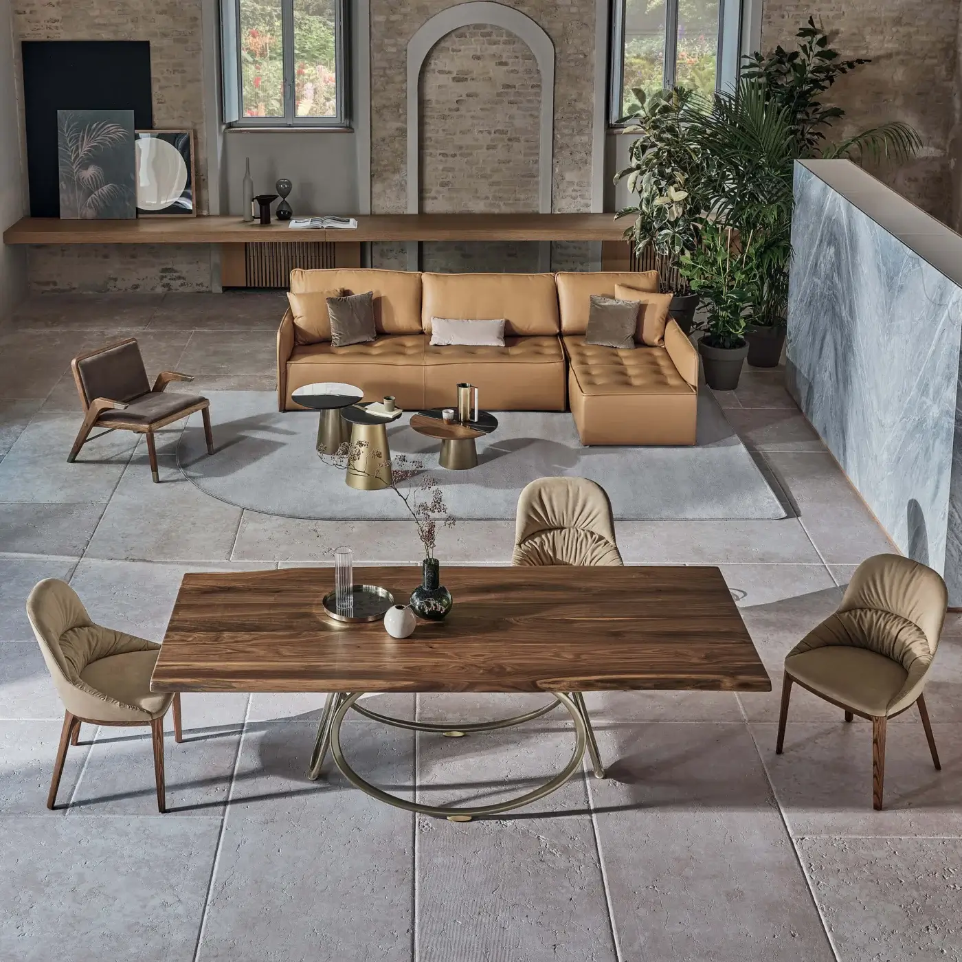 Superior Bontempi Louis rectangular table with dark brown wood grain and muted gold satin metal base
