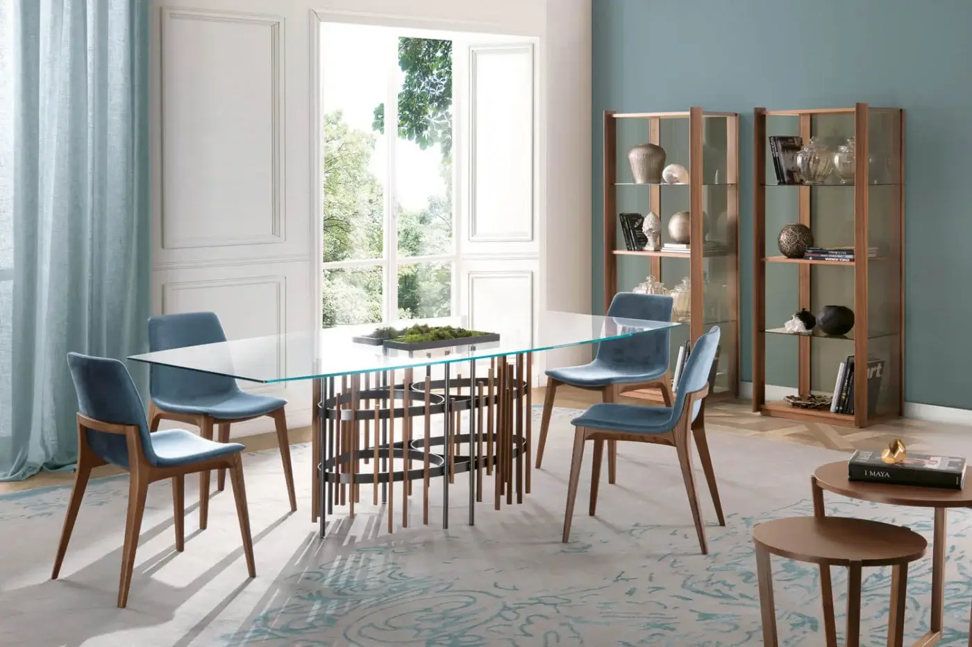 Superior Pacini & Cappellini Bay showcase with Canaletto walnut and clear glass creating a contemporary display piece