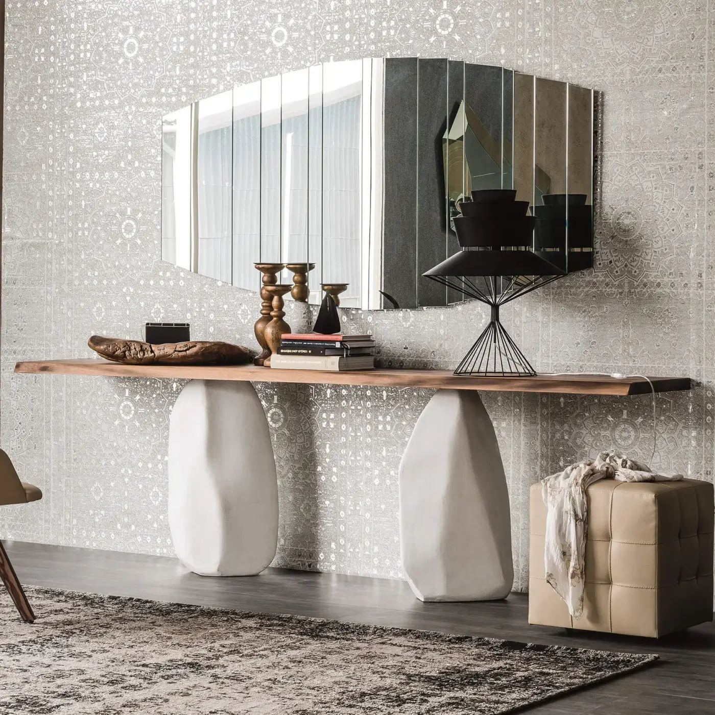 Distinguished Cattelan Italia Rapa Nui console with a live-edge wood top and matte white asymmetrical pedestals crafted in solid wood with a matte finish