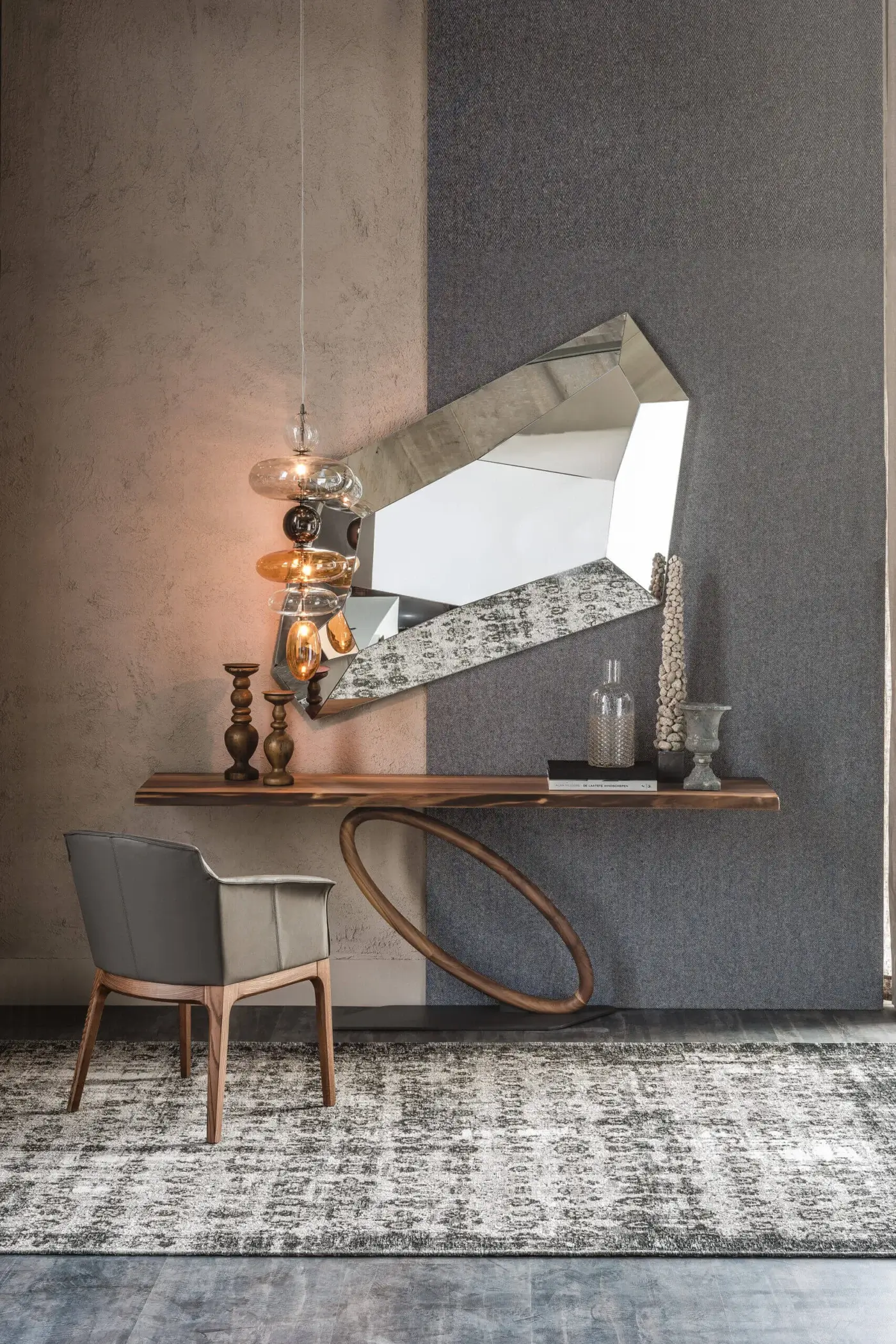 Distinguished Cattelan Italia Tour console with irregular wood top and looping solid wood base crafted with a smooth finish