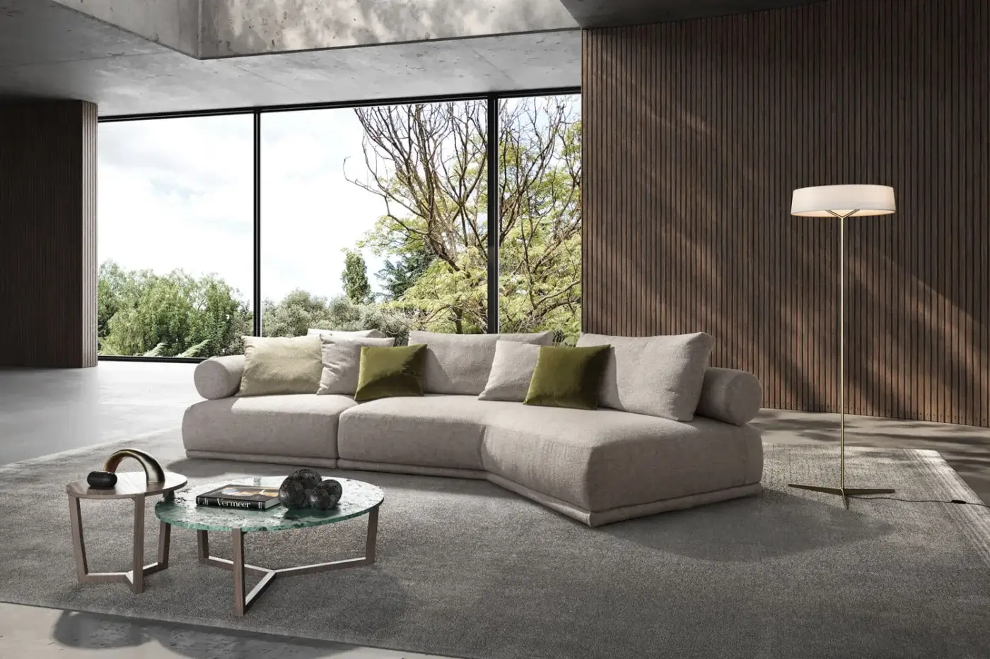 Elegant Pacini & Cappellini Hills sectional with light gray woven fabric upholstery and a wooden structure