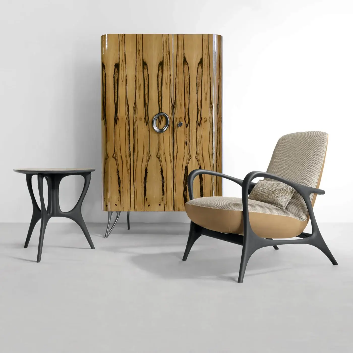 Distinguished BelMondo by Bellotti Ezio Dedalo side table with curved wood base and round top in dark finish