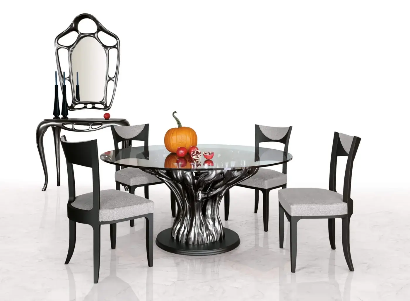 Exceptional BelMondo by Bellotti Ezio Ficus table with clear glass top and silver-toned root-like base crafted in Italy