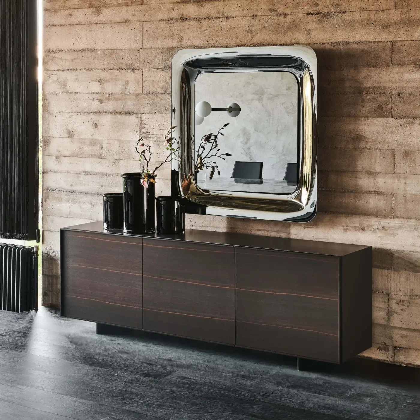 Exceptional Cattelan Italia Oxford sideboard with precious natural wood doors and dark brown finish crafted in Italy