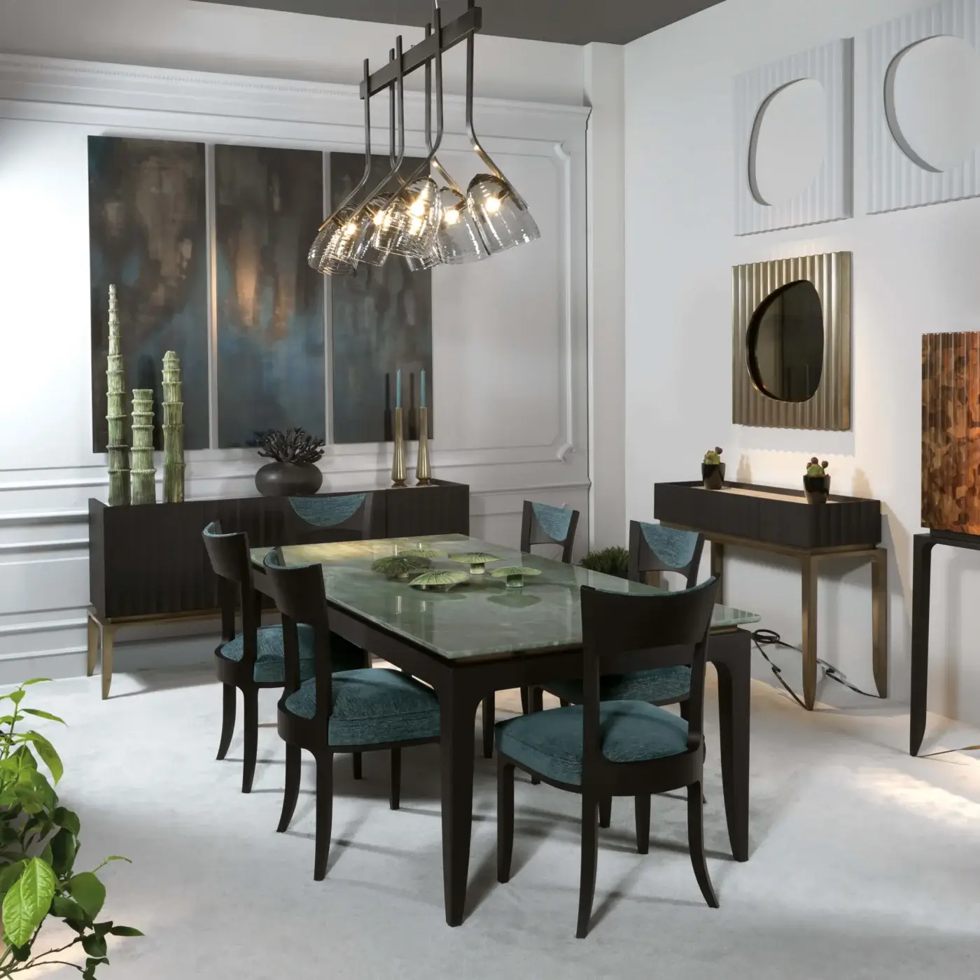 Distinguished BelMondo by Bellotti Ezio Auriga table with green, marble-like top and dark-toned wooden legs in polished gloss