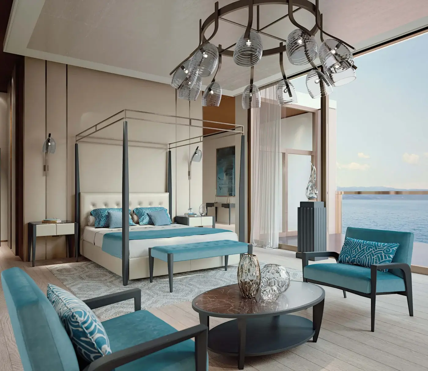 Exceptional BelMondo by Bellotti Ezio Frine bench with bright turquoise upholstery and dark-toned legs evoking Italian figurative culture