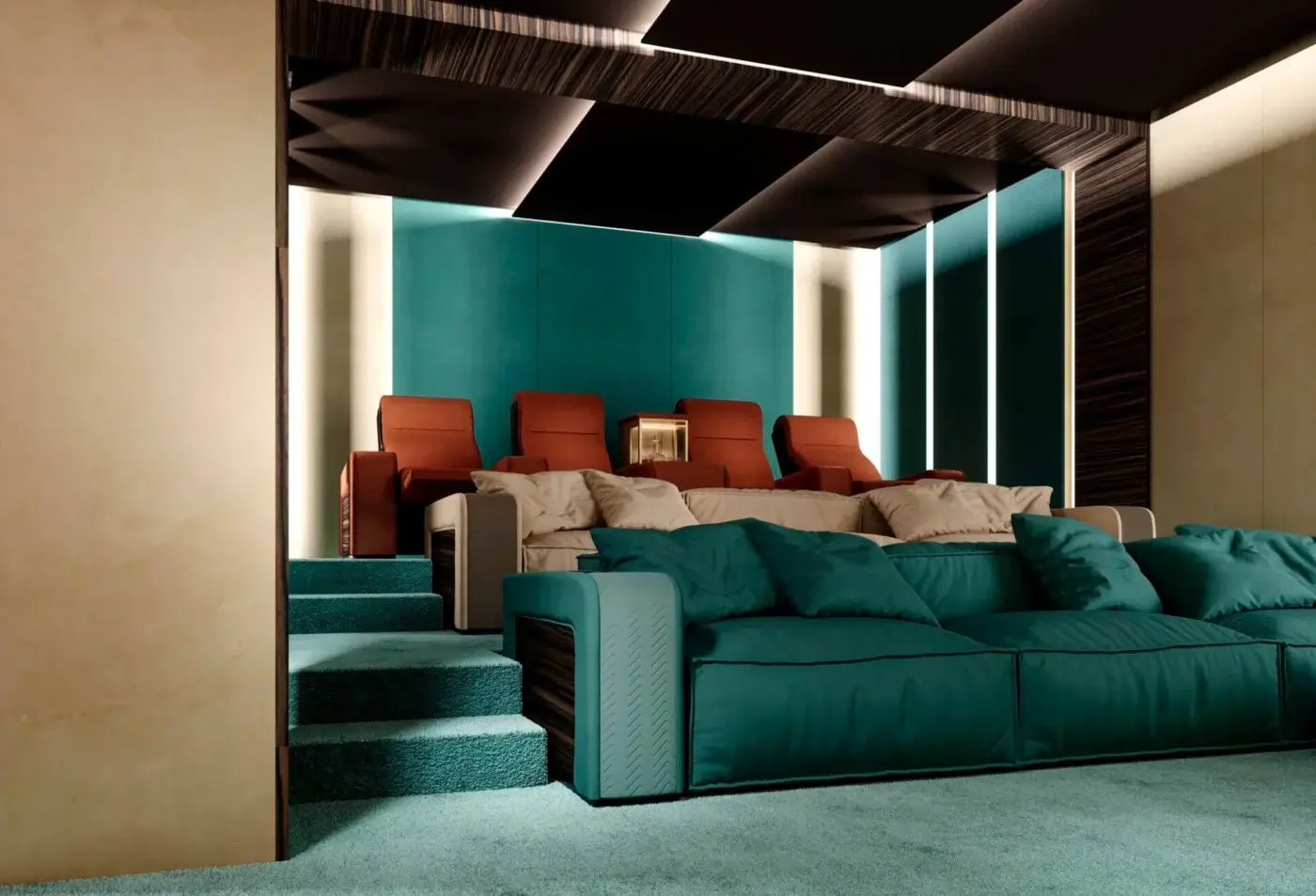 Home cinema seating, teal fabric modular sofa, tiered burnt orange theater chairs, wood paneled walls, recessed lighting, beige plaster accent.