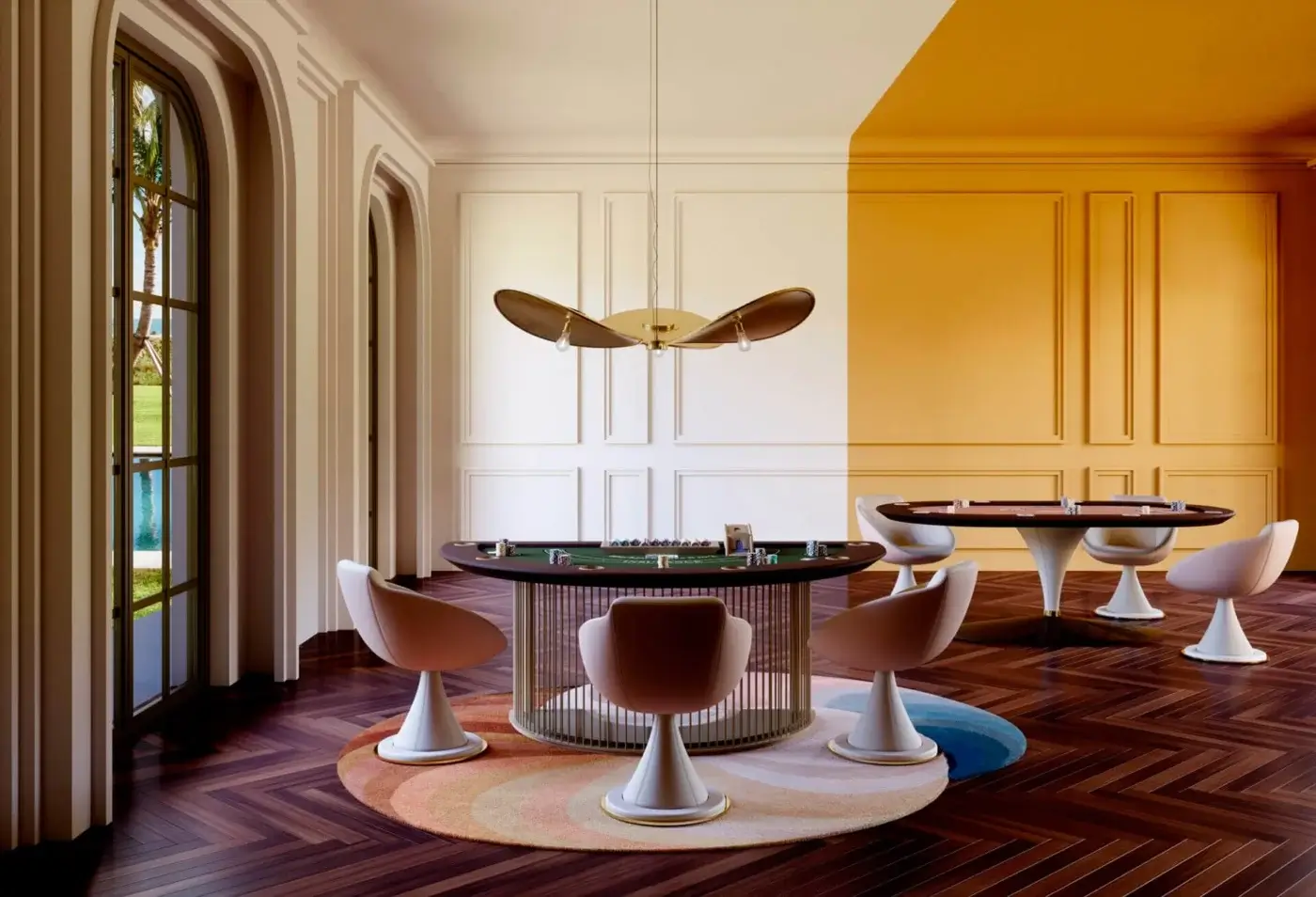 Distinctive Vismara Roma blackjack table crafted with green microfiber playing surface and soft-touch lacquered edge with steel cup holders
