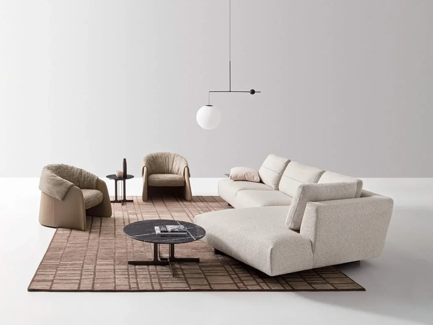 Refined Ditre Italia Atlantis sectional upholstered in light beige textured textile with soft edges and variable depth elements