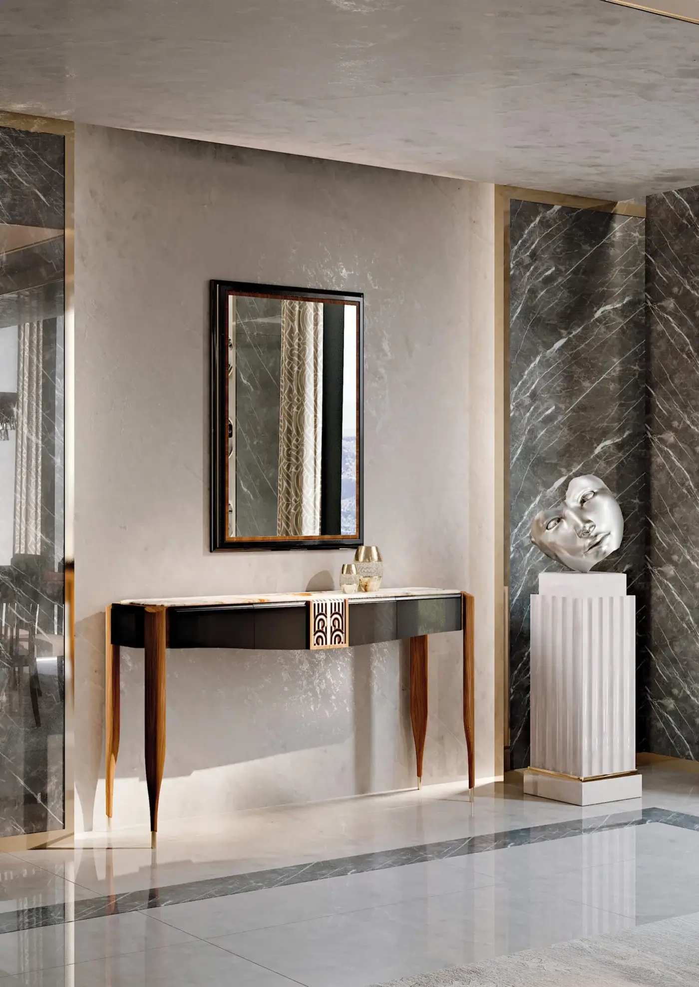 Exceptional BelMondo Lexington Avenue mirror with dual frames in dark and golden-brown wood, crafted in Italy