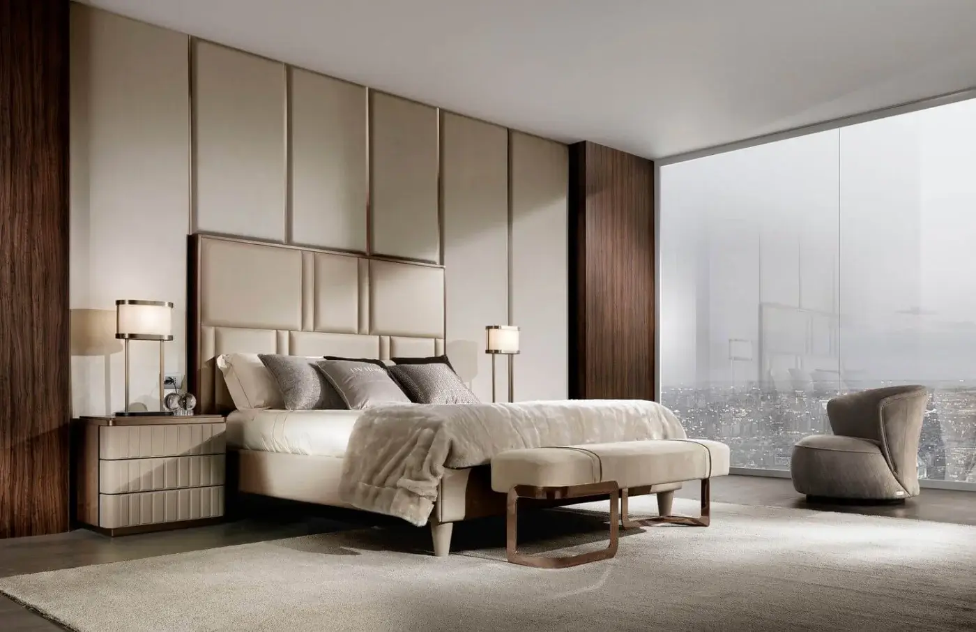 Exclusive DV Home Collection Elite bed built with multilayer structure upholstered in light beige textile with antique bronze steel frame insert and bench