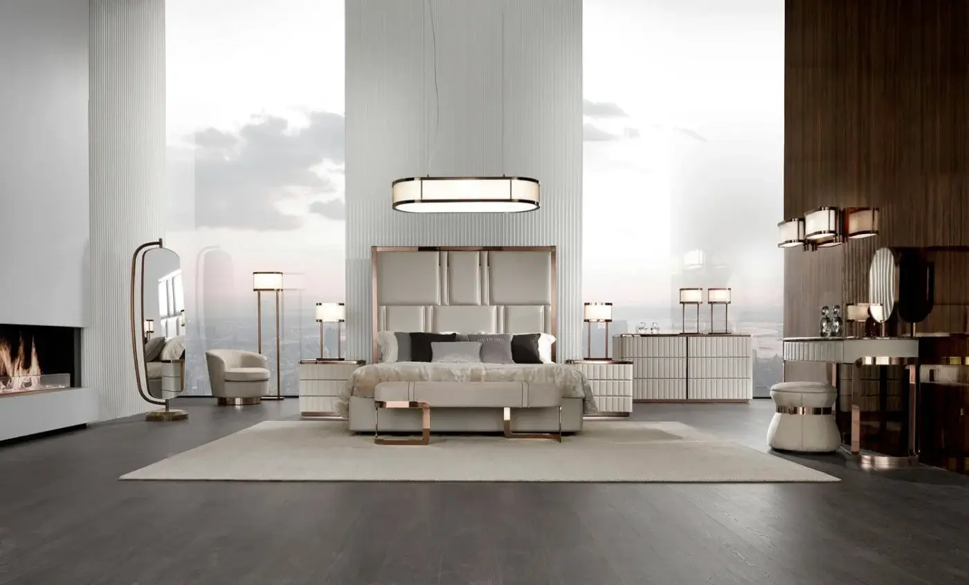 Distinguished DV Home Collection Elite bed with multilayer and MDF structure covered in light-colored upholstery and rose-gold steel frame
